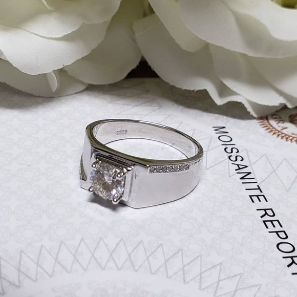 Men Moissanite Ring Engagement Ring 925 Sterling Silver Band for Men (M108) - Picture 4 of 6